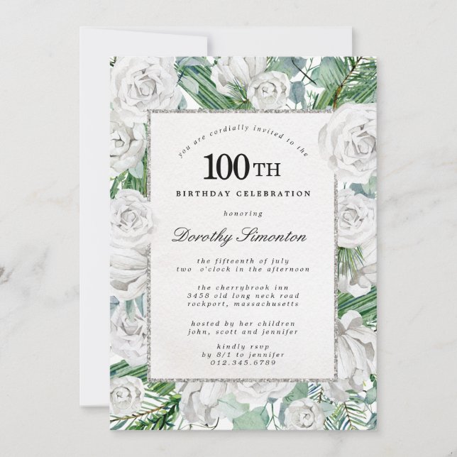 White Rose Floral 100th Birthday Party Invitation (Front)