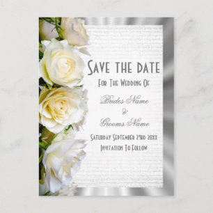 White rose floral and silver save the date announcement postcard