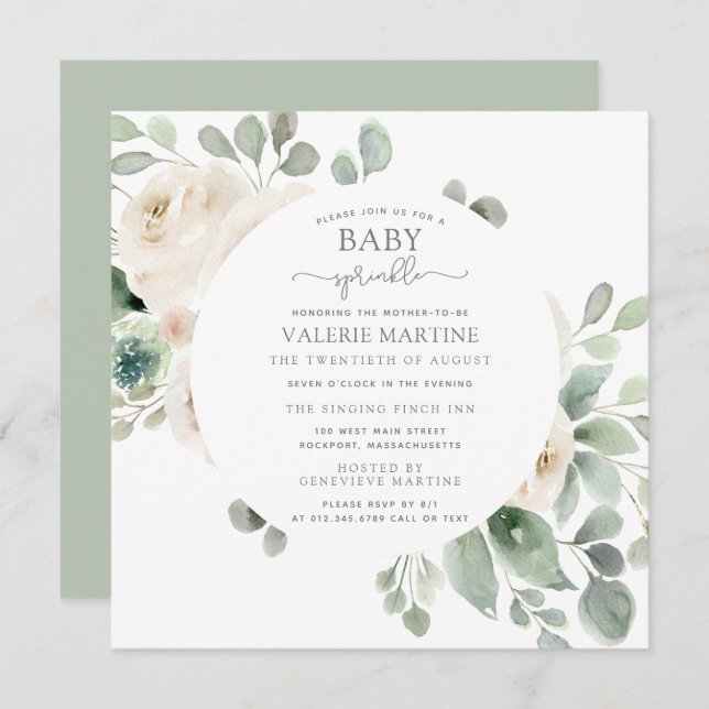 White Rose Floral Baby Sprinkle Invitation (Front/Back)
