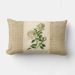 White Rose Floral Botanical Burlap Sack Vintage Lumbar Cushion