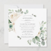 White Rose Floral Botanical Quinceanera Invitation (Front)