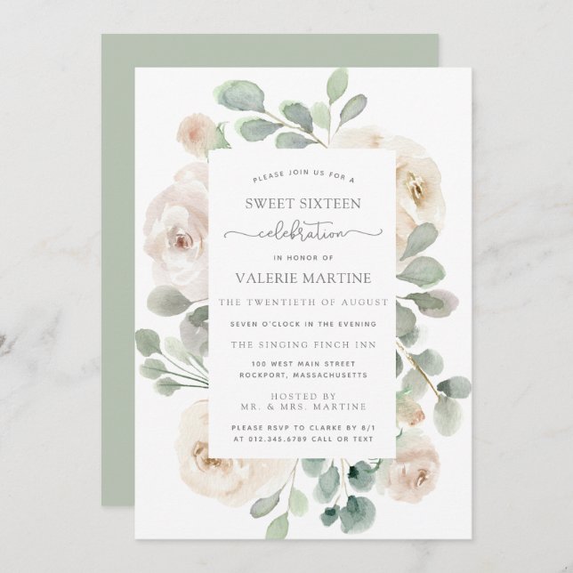 White Rose Floral Botanical Sweet Sixteen Party Invitation (Front/Back)
