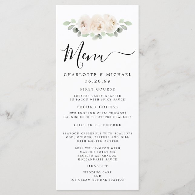 White Rose Floral Botanical Wedding Menu Card (Front)