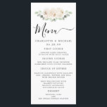 White Rose Floral Botanical Wedding Menu Card<br><div class="desc">Pretty menu design features white roses nestled in modern greenery. Menu is written in a trendy script font. There is room for you to list and describe four courses. You can easily add your information and adjust the position. This item is party of the White Rose Botanical Wedding collection.</div>