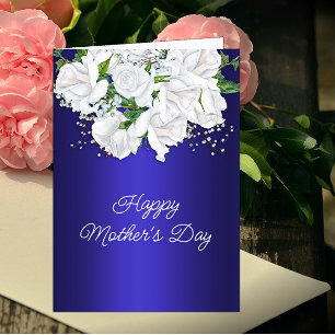 White Rose Floral Bouquet Dark Blue Mother's Day Card
