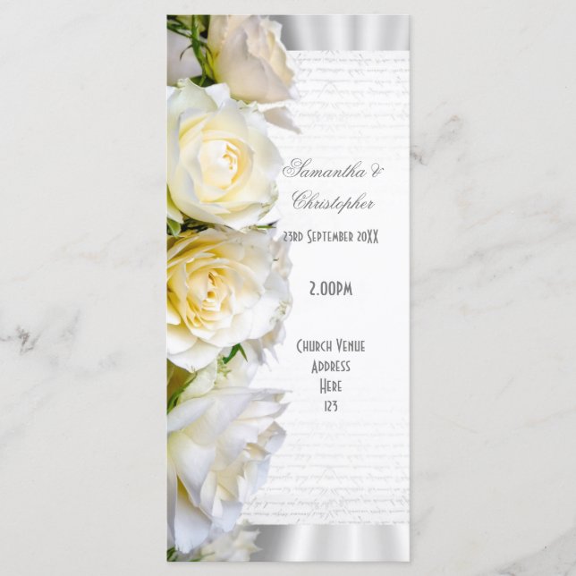 White rose floral church wedding program programme (Front)