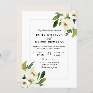 White Rose Floral Cream Wedding Invitation