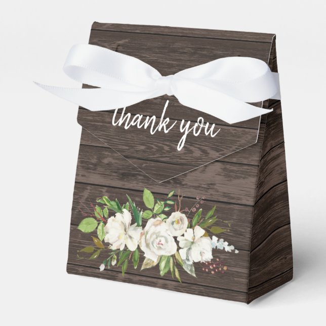 White Rose Floral Dark Brown Wood Rustic Wedding Favour Box (Front Side)