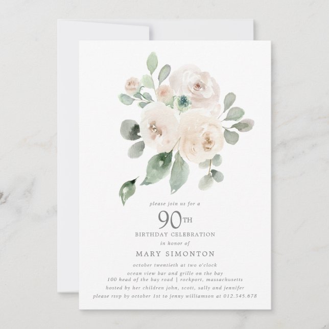 White Rose Floral Eucalyptus 90th Birthday Party Invitation (Front)