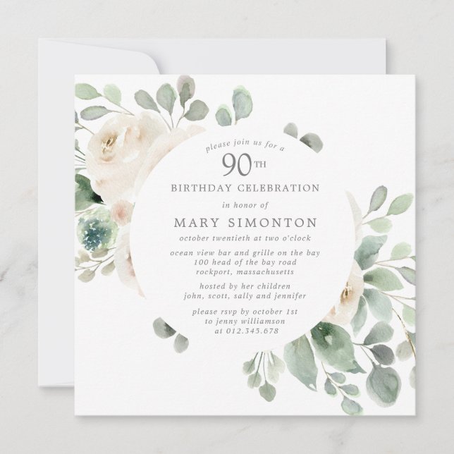 White Rose Floral Eucalyptus 90th Birthday Party Invitation (Front)