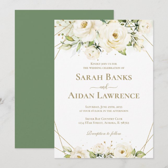 White Rose Floral Gold Frame Wedding Invitation (Front/Back)