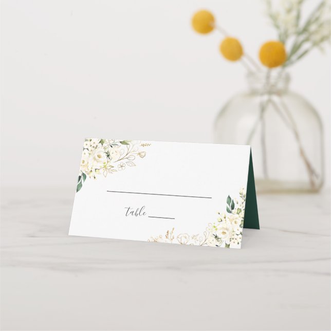 White Rose Floral Gold Leaves Wedding Table Place Card (Front)
