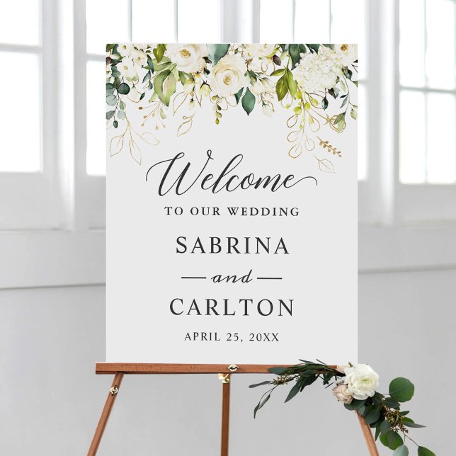 White Rose Floral Gold Leaves Wedding Welcome Sign (Creator Uploaded)