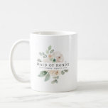 White Rose Floral Maid of Honour Coffee Mug<br><div class="desc">Chic and elegant white floral design features the title Maid of Honour and 1 line of personalised text below. All of the text can be edited, the colour, font and size changed. Make one for each of the bridal party. It will look great in your getting ready photos. This coffee...</div>