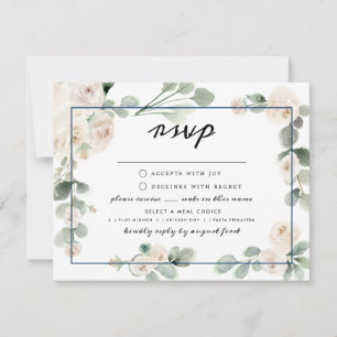 White Rose Floral Navy Blue RSVP Meal Options Card
