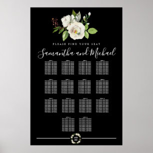 White Rose Floral on Black 14-Table Seating Chart