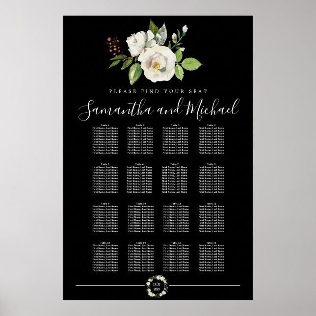 White Rose Floral on Black 16-Table Seating Chart (Front)