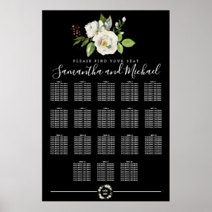 White Rose Floral on Black 18-Table Seating Chart