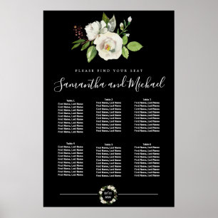 White Rose Floral on Black 6-Table Seating Chart
