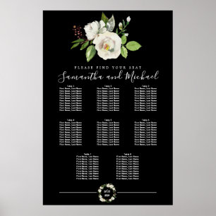 White Rose Floral on Black 8-Table Seating Chart