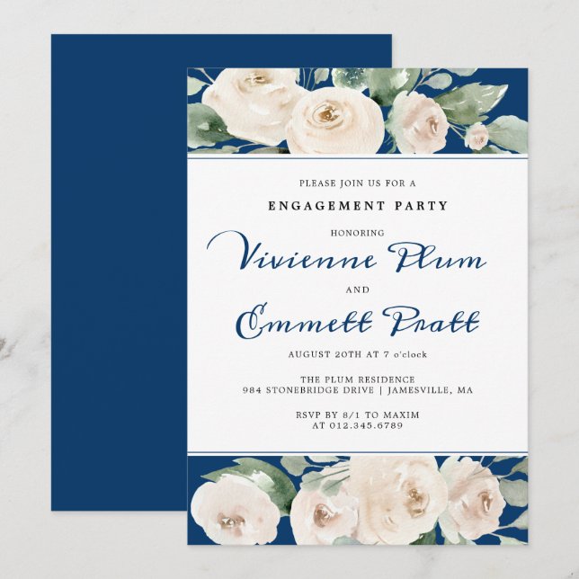 White Rose Floral on Navy Blue Engagement Party Invitation (Front/Back)