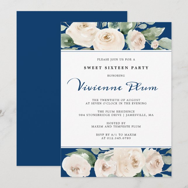 White Rose Floral on Navy Blue Sweet Sixteen Party Invitation (Front/Back)