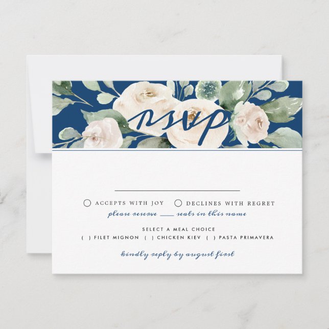 White Rose Floral RSVP Card with Meal Choice (Front)