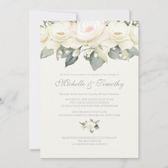 White Rose Floral Wedding Invitations (Front)
