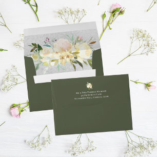White Rose Floral Wedding   Olive Green Envelope