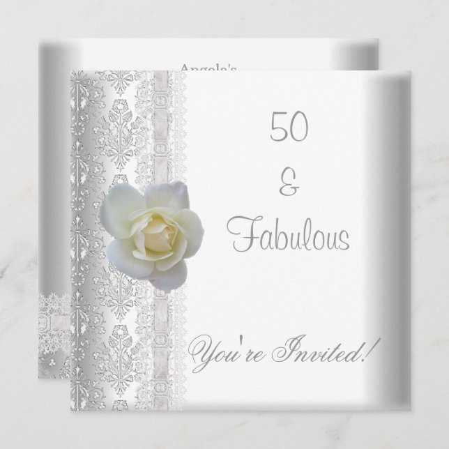 White Rose Flower Fabulous 50th Birthday Party Invitation (Front/Back)