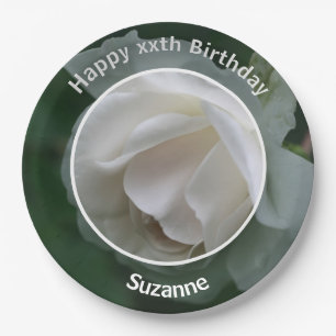 White Rose Flower Personalised Happy Birthday Paper Plate