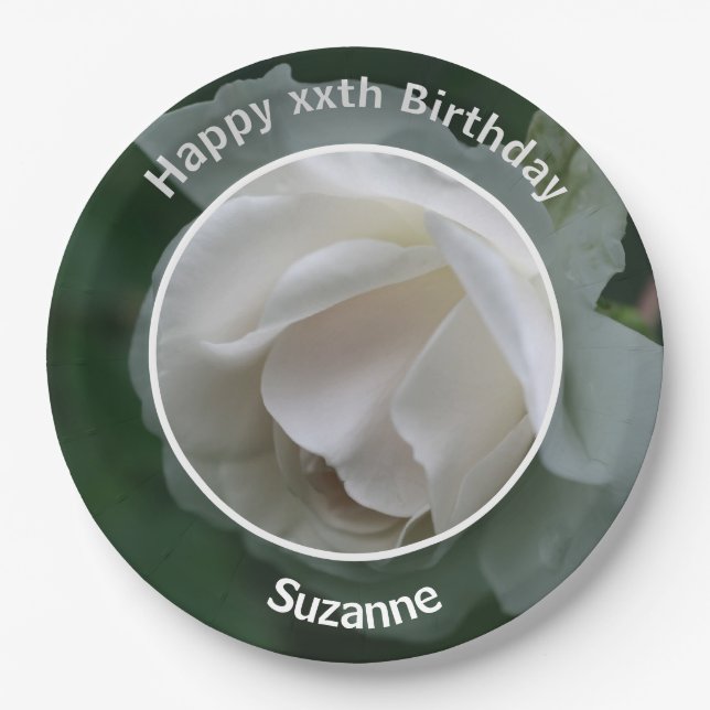 White Rose Flower Personalised Happy Birthday Paper Plate (Front)