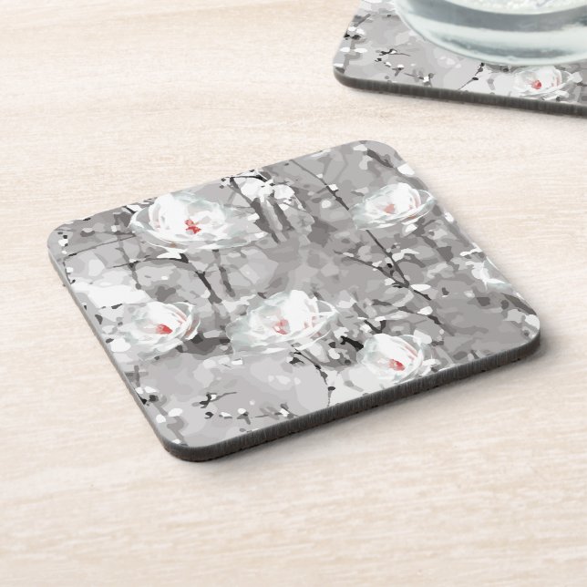 White rose flower winter floral grey coaster (Left Side)