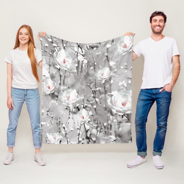 White rose flower winter floral grey fleece blanket (In Situ)