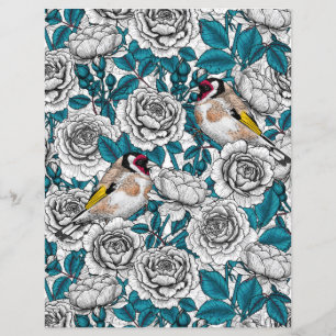 White rose flowers and goldfinch birds