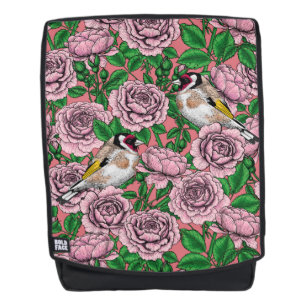 White rose flowers and goldfinch birds backpack