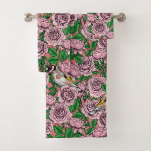 White rose flowers and goldfinch birds bath towel set