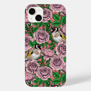 White rose flowers and goldfinch birds Case-Mate iPhone 14 plus case