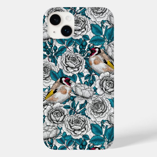 White rose flowers and goldfinch birds Case-Mate iPhone case (Back)