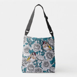 White rose flowers and goldfinch birds crossbody bag