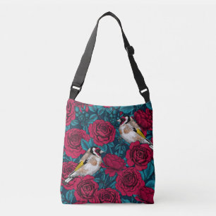 White rose flowers and goldfinch birds crossbody bag