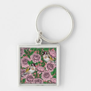 White rose flowers and goldfinch birds key ring