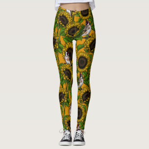 White rose flowers and goldfinch birds leggings