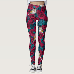 White rose flowers and goldfinch birds leggings