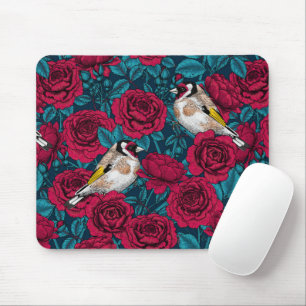 White rose flowers and goldfinch birds mouse pad