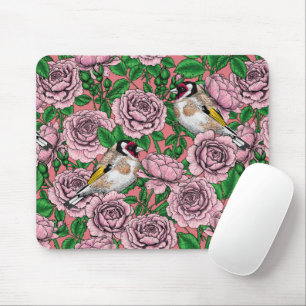 White rose flowers and goldfinch birds mouse pad