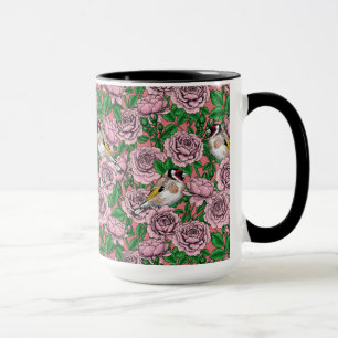 White rose flowers and goldfinch birds mug