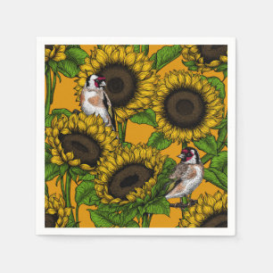 White rose flowers and goldfinch birds napkin
