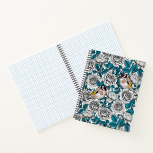White rose flowers and goldfinch birds notebook