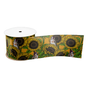 White rose flowers and goldfinch birds satin ribbon